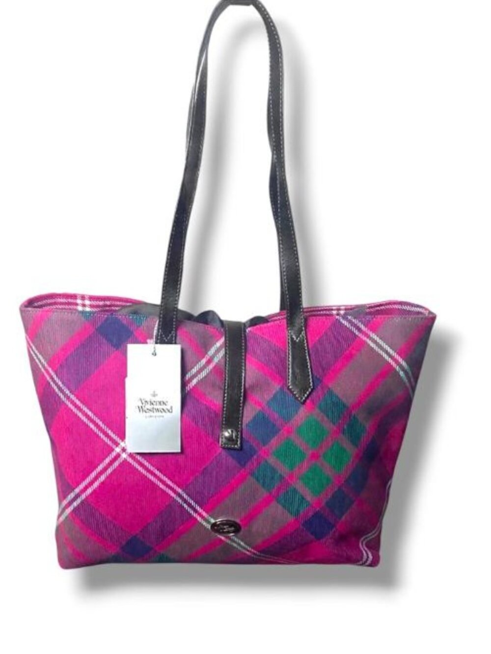 NWT - Vivienne Westwood Toulon Bag Wool Tartan Mac Oxford Tote - FUSCIA